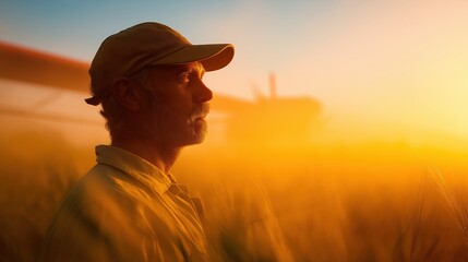 Man wearing a baseball cap and a yellow shirt, standing in a field of tall grass. he is facing away from the camera, with a serious expression on his face.