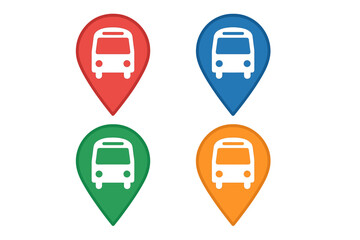 Bus stop location marker icon set. Vector map pin symbol for public transport, travel, and navigation. Colorful bus station pointer collection on a transparent background.