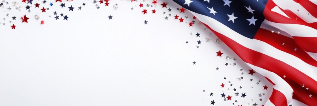 A section of an American flag with scattered confetti stars in red white and blue on a white background - Powered by Adobe