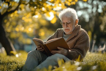 An elderly man with white hair and glasses reading a book while sitting on the grass in a sunny park