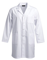 Full-length, white lab coat.  Standard, button-down style with two front pockets