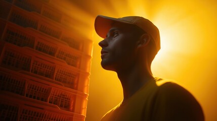 Young man wearing a baseball cap and a yellow t-shirt. he is standing in front of a stack of orange crates, with the sun shining brightly in the background.