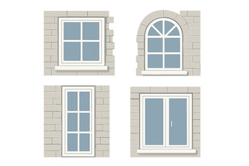 Set of Architectural Window Designs on Brick Wall Vector Illustration with Transparent Background, Includes Square, Arched, Tall, and Sliding Window Styles, Exterior Building Elements