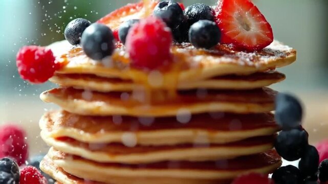 Delicious pancake stack with fresh berries for a breakfast video