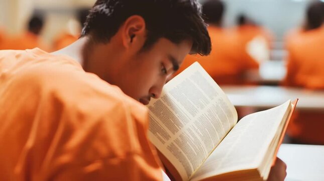 Inmates wearing orange jumpsuits participate in a reading and education class from behind, as part of a rehabilitation program in prison