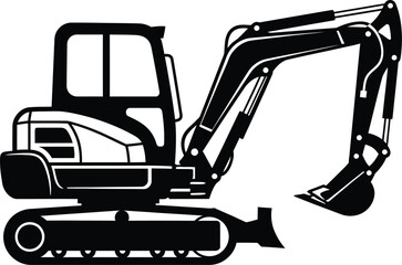 Clean Black and White Mini Excavator Vector Isolated white background 