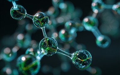 high-resolution photo of an abstract, futuristic molecular structure in green and blue on a background showing different forms of carbon,