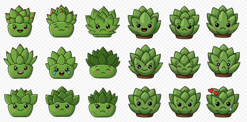 A collection of cute cartoon succulent plants with various facial expressions, including happy, sad, and angry, on a transparent background. © Heri