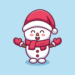 Cute snowman in warm hat and scarf. Christmas funny winter character. Vector hand drawn illustration.