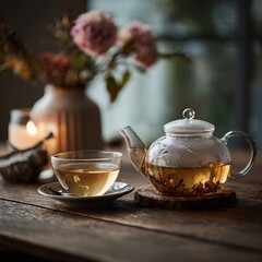 A moment of tranquility: A glass teacup and teapot, filled with a golden brew, sit serenely on a wooden table, accompanied by a vase of flowers and a softly glowing candle, inviting a moment of calm.