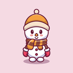 Cute Snowman Cartoon Vector Icon Illustration. Icon Concept Isolated  Vector. Flat Cartoon Style.