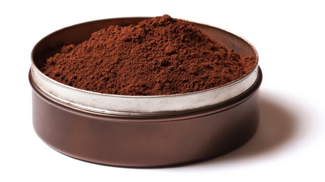 Brown coffee powder in round container with smooth metallic lid
