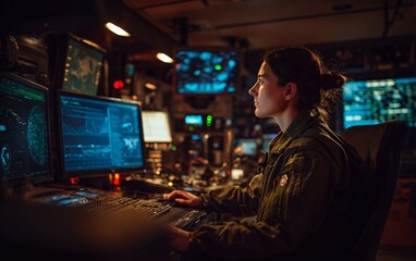 a cinematic scene of an asian female military hacker in her mid-20s, working on multiple computer screens with data and charts floating around them inside the command center,