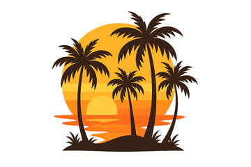 Palm tree silhouette on a tropical island at sunset or sunrise. Summer vacation background. Paradise beach landscape with sun and sea. Vector for travel logo or t-shirt.