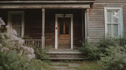 The front entrance of a wooden house. the house is old and dilapidated, with peeling paint and peeling walls. the door is made of wood and has a glass panel in the center.