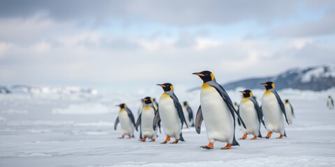 Obraz premium Majestic King Penguins Strolling on Antarctic Ice, Displaying Striking Black and White Plumage Against Cloudy Skies
