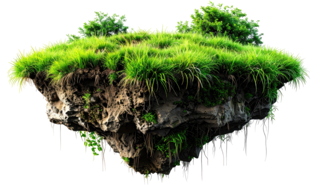 Floating island with lush green grass and rocky base