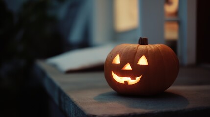 Close-up of a carved pumpkin on a window sill. the pumpkin is orange in color and has a jack-o-lantern face carved into it. the face has two triangular eyes, a small nose, and a wide, toothy grin.