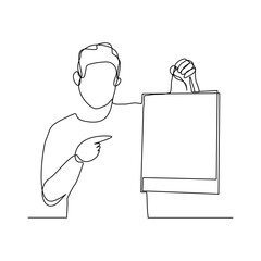 Continuous singe line of happiness man holding paper shopping bags. Vector illustration editable stroke sketch drawing of shopper big sale consumerism