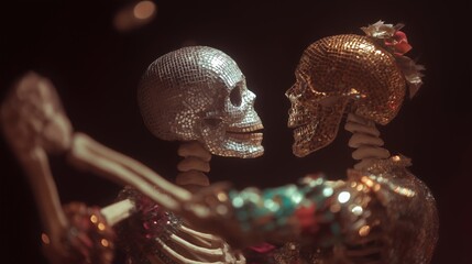 Two skeletons facing each other, with their heads close together. the skeletons are made up of small, shiny objects that appear to be made of a metallic material, possibly gold or silver.
