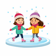Naklejka premium Two girls ice skating winter scene with snow