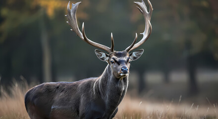 Majestic Fallow Deer Stag with Impressive Antlers in Autumn Woodland. Wildlife Portrait in Natural Habitat.