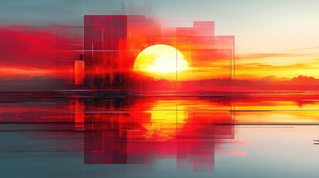 Abstract Sunset with Geometric Shapes and Vibrant Colors Reflection