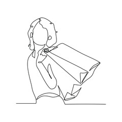 Continuous singe line of happiness woman holding paper shopping bags. Vector illustration editable stroke sketch drawing of shopper big sale consumerism