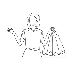 Continuous singe line of happiness woman holding paper shopping bags. Vector illustration editable stroke sketch drawing of shopper big sale consumerism