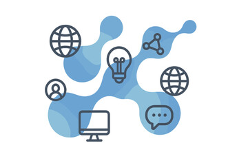 Media mechanism concept. Growth abstract background with integrated metaballs. Icons for digital, strategy, internet, network, connect, communicate, idea, technology.