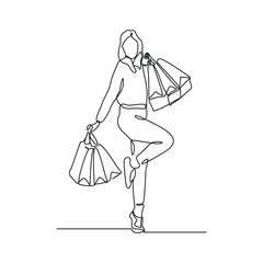 Continuous singe line of happiness woman holding paper shopping bags. Vector illustration editable stroke sketch drawing of shopper big sale consumerism