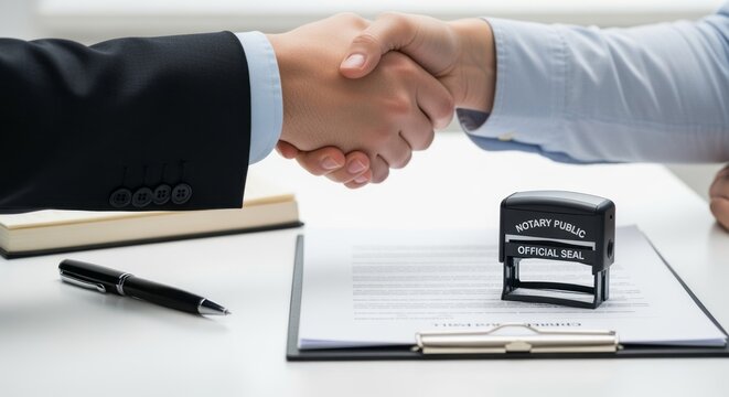 Professional handshake sealing a notarized agreement, symbolizing trust and success in a modern business environment, perfect for legal and financial services