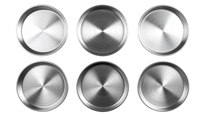 Six polished metal circles, top-down view.  Each circular object exhibits a highly reflective, brushed metal finish with a central, radiating pattern