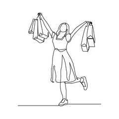 Continuous singe line of happiness woman holding paper shopping bags. Vector illustration editable stroke sketch drawing of shopper big sale consumerism