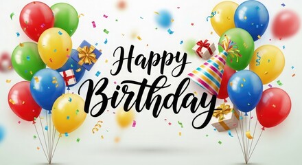 Happy Birthday text with balloons and gifts blue celebration