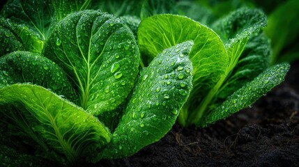 Fresh green lettuce leaves with water droplets in garden soil setting