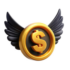 3d golden coin with wings isolated on transparent background