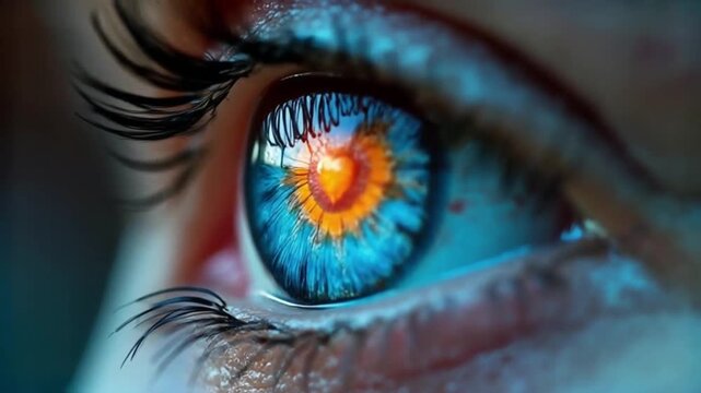 Amazing video of a colorful eye with a heart reflection during a visual show