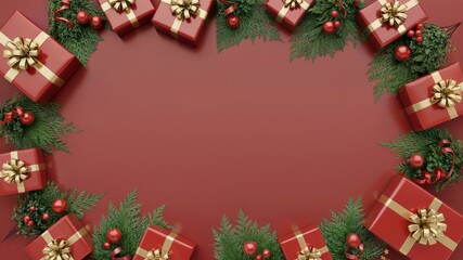 Symmetrical Christmas Border of Red Gifts and Greenery on Red Background