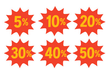 Super sale discount symbols 5%, 10%, 20%, 30%, 40% and 50% off special offer labels, shopping tags, sale badges, vector illustration with transparent background, retail savings