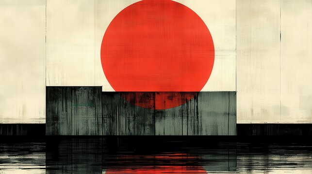 Abstract Composition with Red Circle and Geometric Forms on Canvas