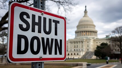 Government shutdown sign in front of the united states capitol building symbolizing political stalemate and fiscal uncertainty
