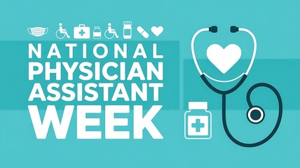 Celebrating national physician assistant week with a stethoscope heart and medical icons on a teal background