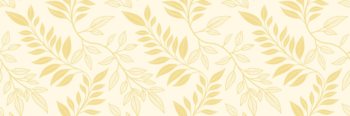 Elegant gold leaf seamless pattern with soft beige background creating a natural botanical texture. Perfect for luxury wallpaper, fabric, and home décor design projects.