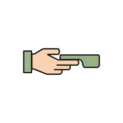 Hand with index finger extended pointing to the right, holding a light green rectangular object