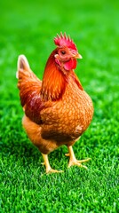 Fototapeta premium Vibrant Brown Hen Standing Gracefully on Lush Green Grass in a Farm Setting