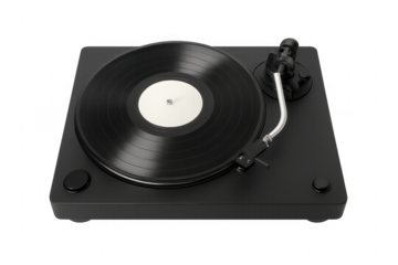 Black vinyl record player playing music on transparent background