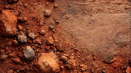 Fototapeta premium Close up abstract texture of rough reddish brown soil with small pebbles and gritty sand creating a natural earthy background pattern
