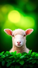 Obraz premium Adorable Young Sheep Peeking Through Vibrant Green Foliage in Nature's Fresh Setting