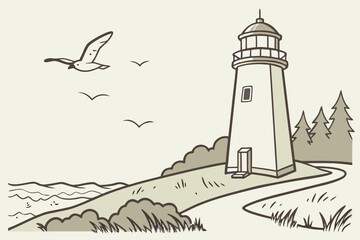 Monochrome Illustration of a Tree and Person Walking in a Hilly Landscape